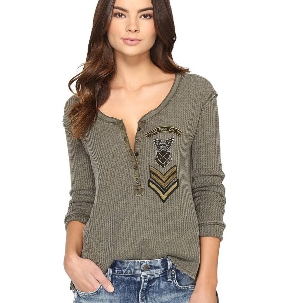 Free People Olive Green Thermal Henley with Patch Details